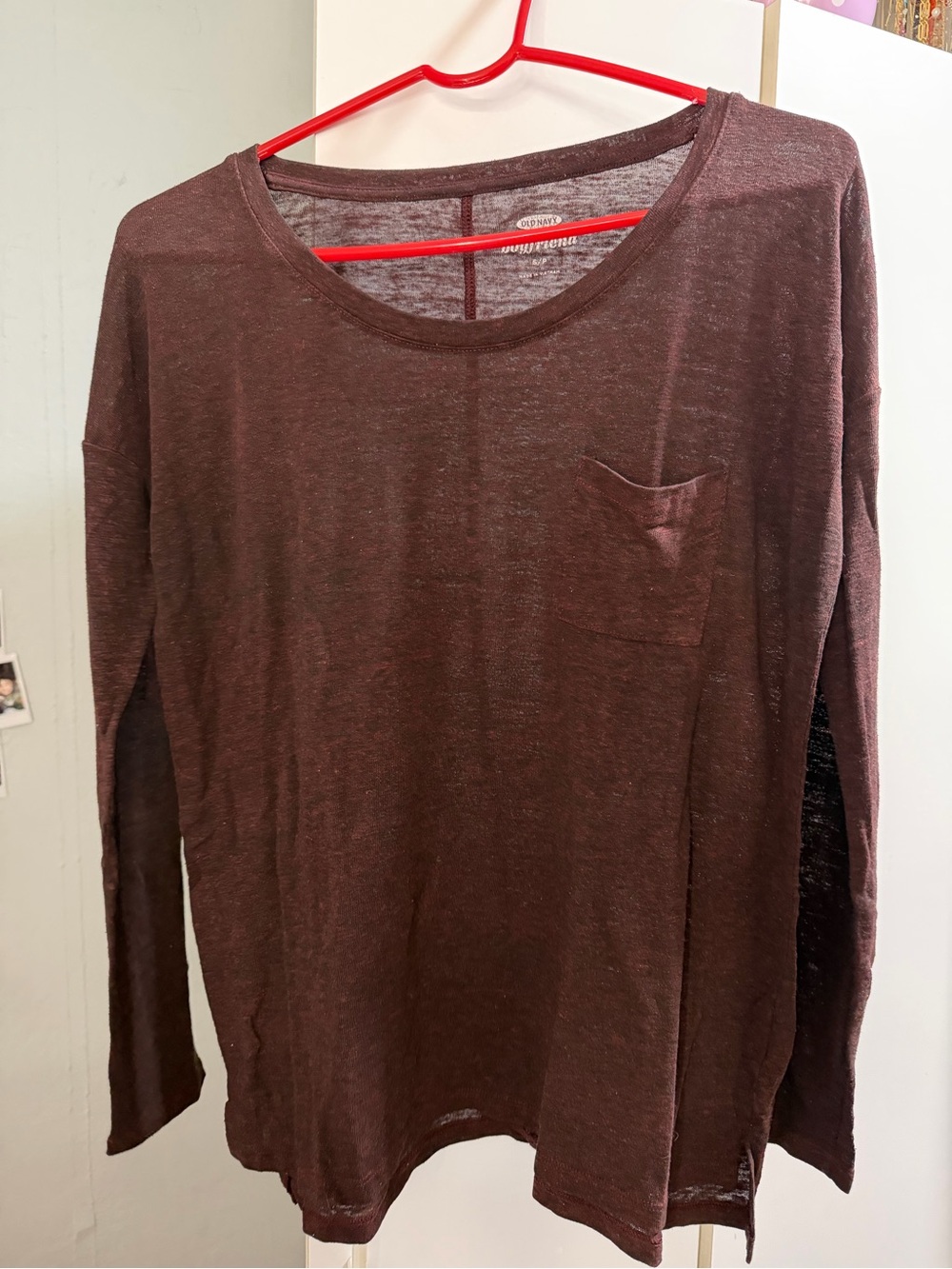 Old Navy Women’s Long-Sleeve Crewneck Pocket Shirt - Burgandy